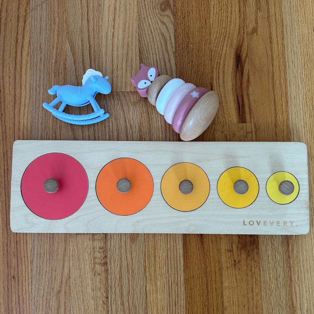 Bundle of lovevery face toy. blue rocking horsey.  Wooden Stacking Toy Set of 3!